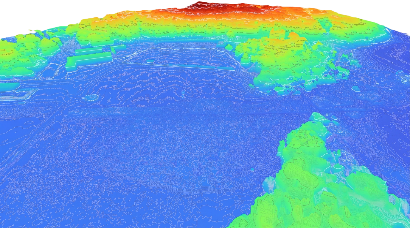 3D-höjdmodell av kust och vik med höjdkurvor, färgkodad efter höjd