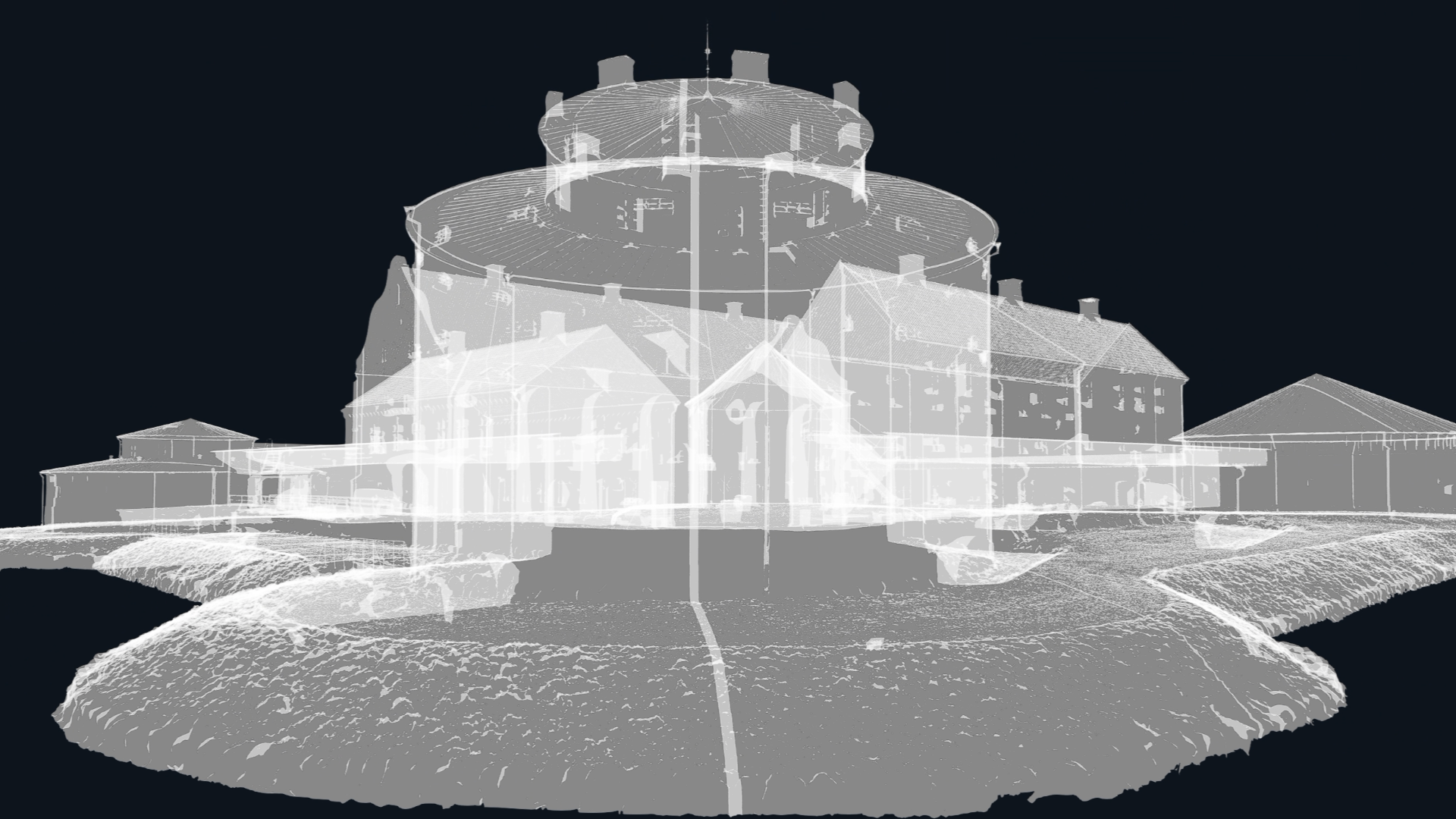 Wireframe-vy av punktmolnet över Citadellet i Landskrona